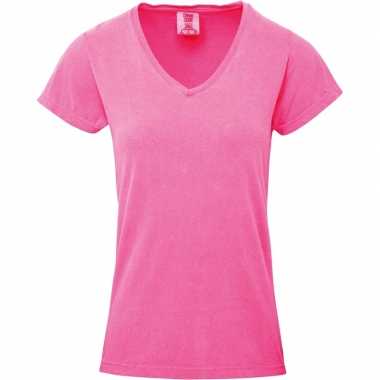 Basic v hals comfort colors neon roze dames t-shirt kopen