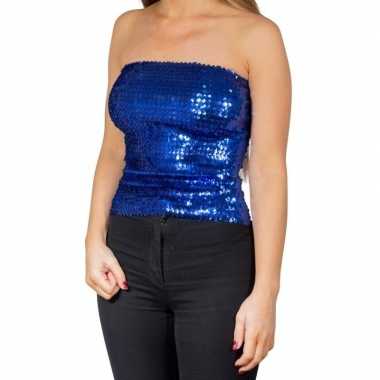 Blauwe glitter pailletten disco strapless topje/ dames t-shirt kopen