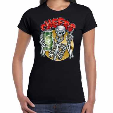 Cheers / proost skelet halloween verkleed zwart dames t-shirt kopen