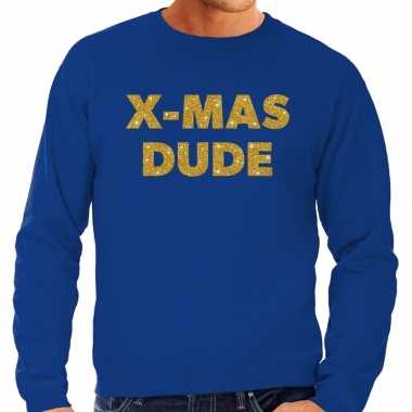 Foute kersttrui x mas dude gouden glitter letters blauw heren t-shirt kopen