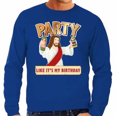 Foute kersttrui party jezus blauw heren t-shirt kopen