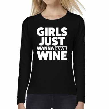 Girls just wanna have wine tekst long sleeve zwart t-shirt kopen