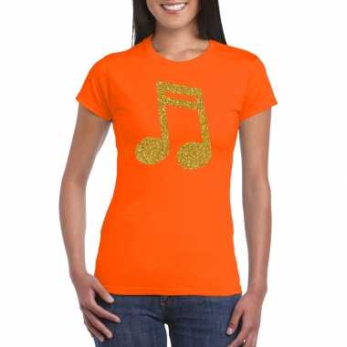 Gouden muziek noot / muziek feest / kleding oranje dames t-shirt kopen