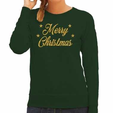Kersttrui merry christmas gouden glitter letters groen dames t-shirt kopen