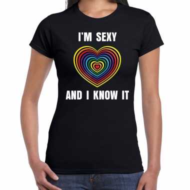 Regenboog hart sexy and i know it gay pride zwart dames t-shirt kopen