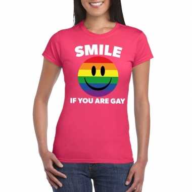 Smile if you are gay emoticon roze dames t-shirt kopen
