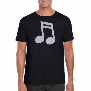 Zilveren muziek noot / muziek feest / kleding zwart heren t-shirt kopen