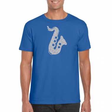 Zilveren saxofoon / muziek / kleding blauw heren t-shirt kopen