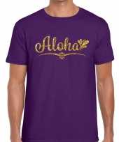 Aloha goud glitter hawaii paars heren t-shirt