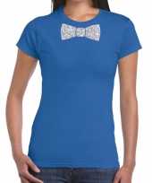 Blauw fun vlinderdas glitter zilver dames t-shirt