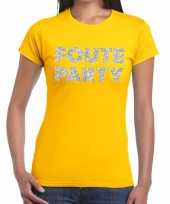 Foute party zilveren glitter tekst geel dames t-shirt