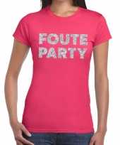 Foute party zilveren glitter tekst roze dames t-shirt