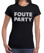 Foute party zilveren glitter tekst zwart dames t-shirt