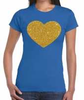Gouden glitter hart blauw dames t-shirt