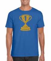 Gouden kampioens beker nummer kleding blauw heren t-shirt