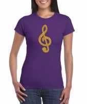 Gouden muzieknoot g sleutel muziek feest kleding paars dames t-shirt