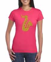 Gouden saxofoon muziek kleding roze dames t-shirt