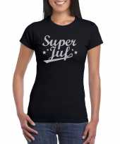 Super juf cadeau zilveren glitters zwart dames t-shirt