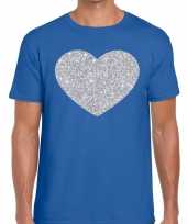 Zilver hart glitter fun blauw heren t-shirt