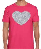 Zilver hart glitter fun roze heren t-shirt