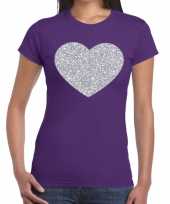 Zilveren hart glitter paars dames t-shirt