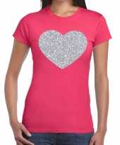 Zilveren hart glitter roze dames t-shirt