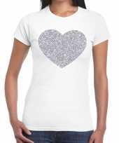 Zilveren hart glitter wit dames t-shirt