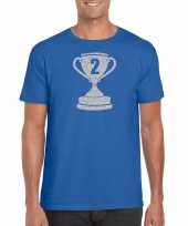 Zilveren kampioens beker nummer kleding blauw heren t-shirt
