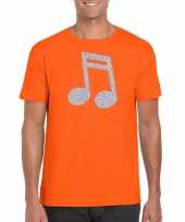 Zilveren muziek noot muziek feest kleding oranje heren t-shirt