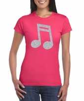 Zilveren muziek noot muziek feest kleding roze dames t-shirt