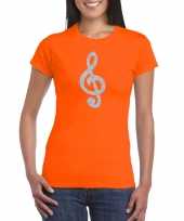 Zilveren muzieknoot g sleutel muziek feest kleding oranje dames t-shirt