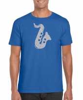Zilveren saxofoon muziek kleding blauw heren t-shirt