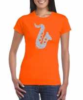 Zilveren saxofoon muziek kleding oranje dames t-shirt