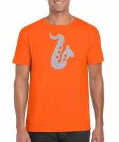 Zilveren saxofoon muziek kleding oranje heren t-shirt